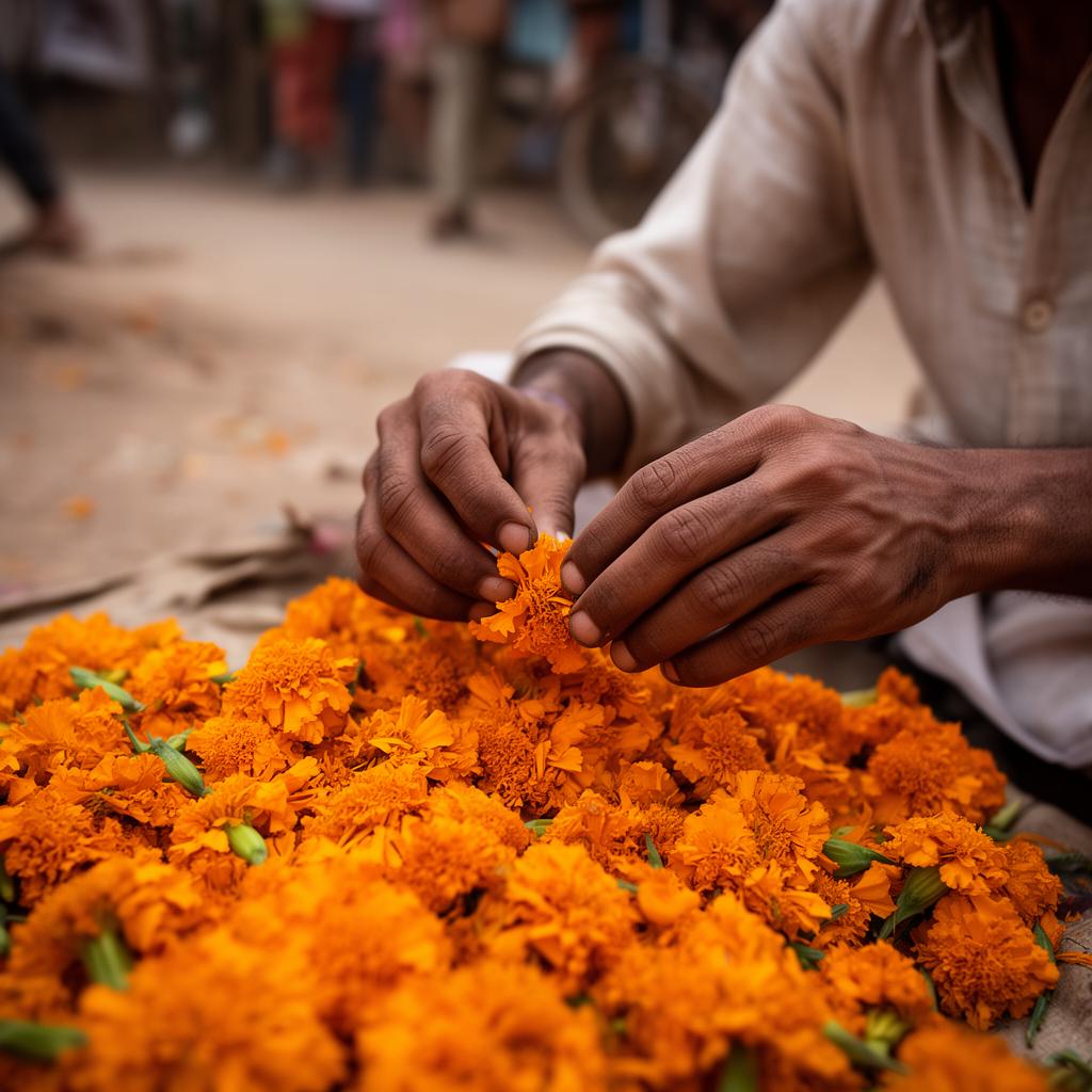 Vendor hands arranging marigolds